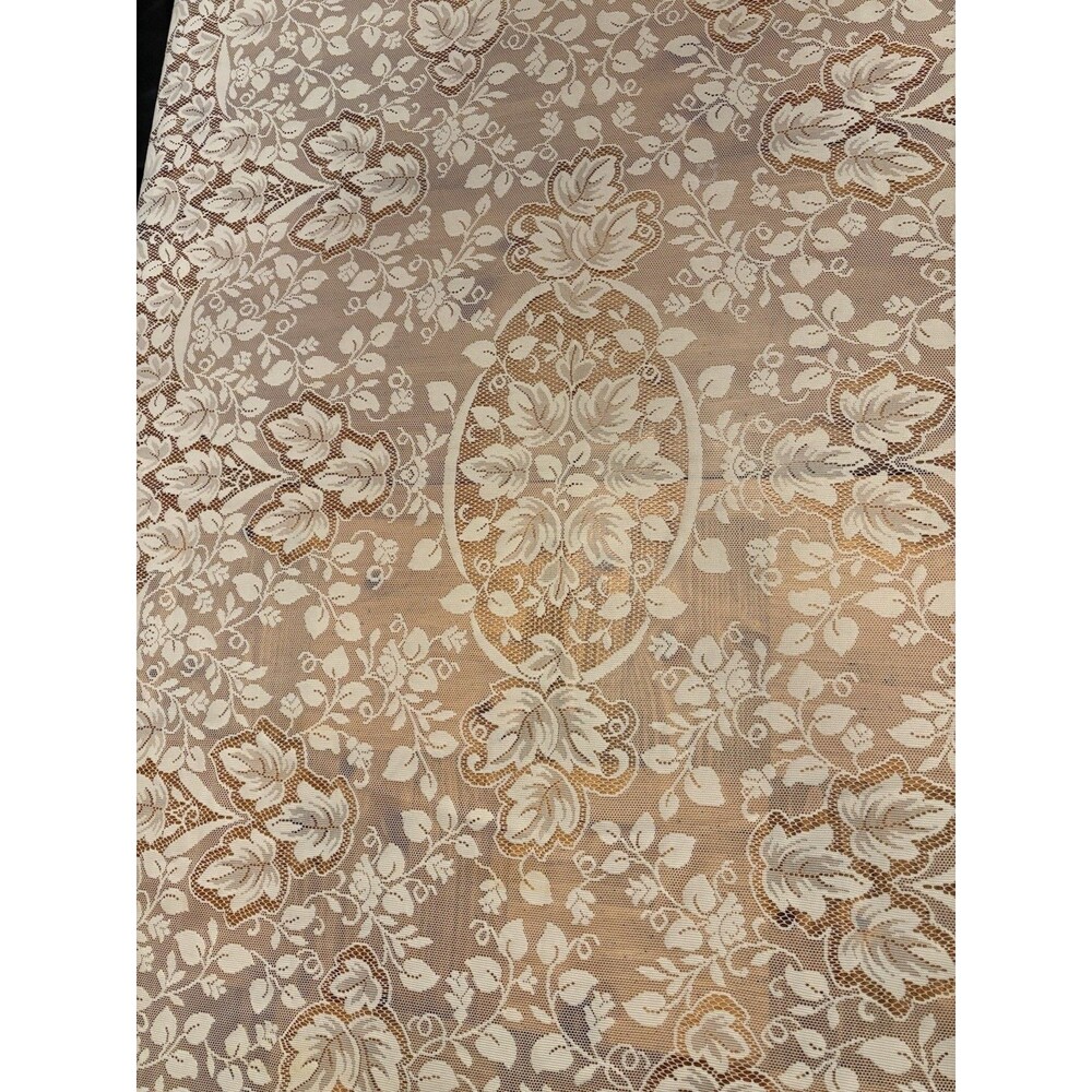 Ecru Lace Table Topper Tablecloth Autumn Leaves Scalloped Edges 52”x 6’
